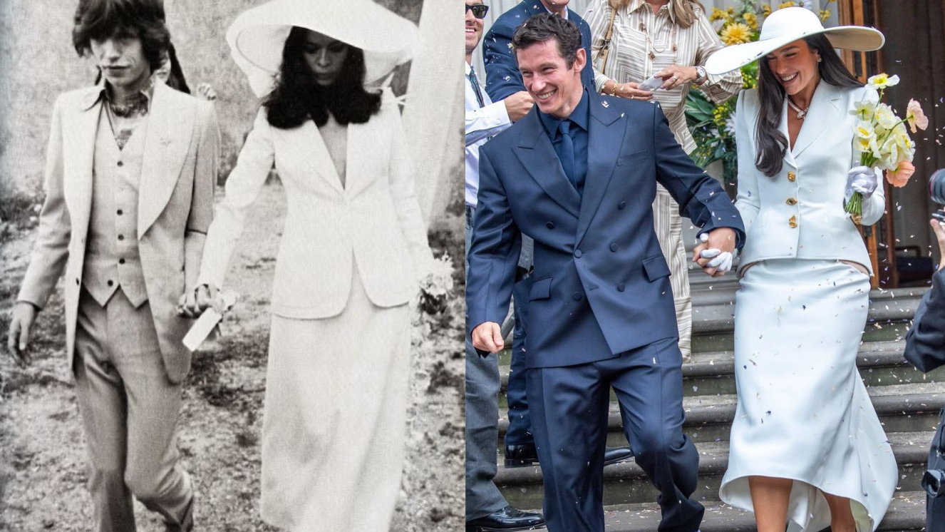 Mariage civil de Dua Lipa & Callum Turner à Londres - Tenue de mariée - Inspiration Bianca Jagger