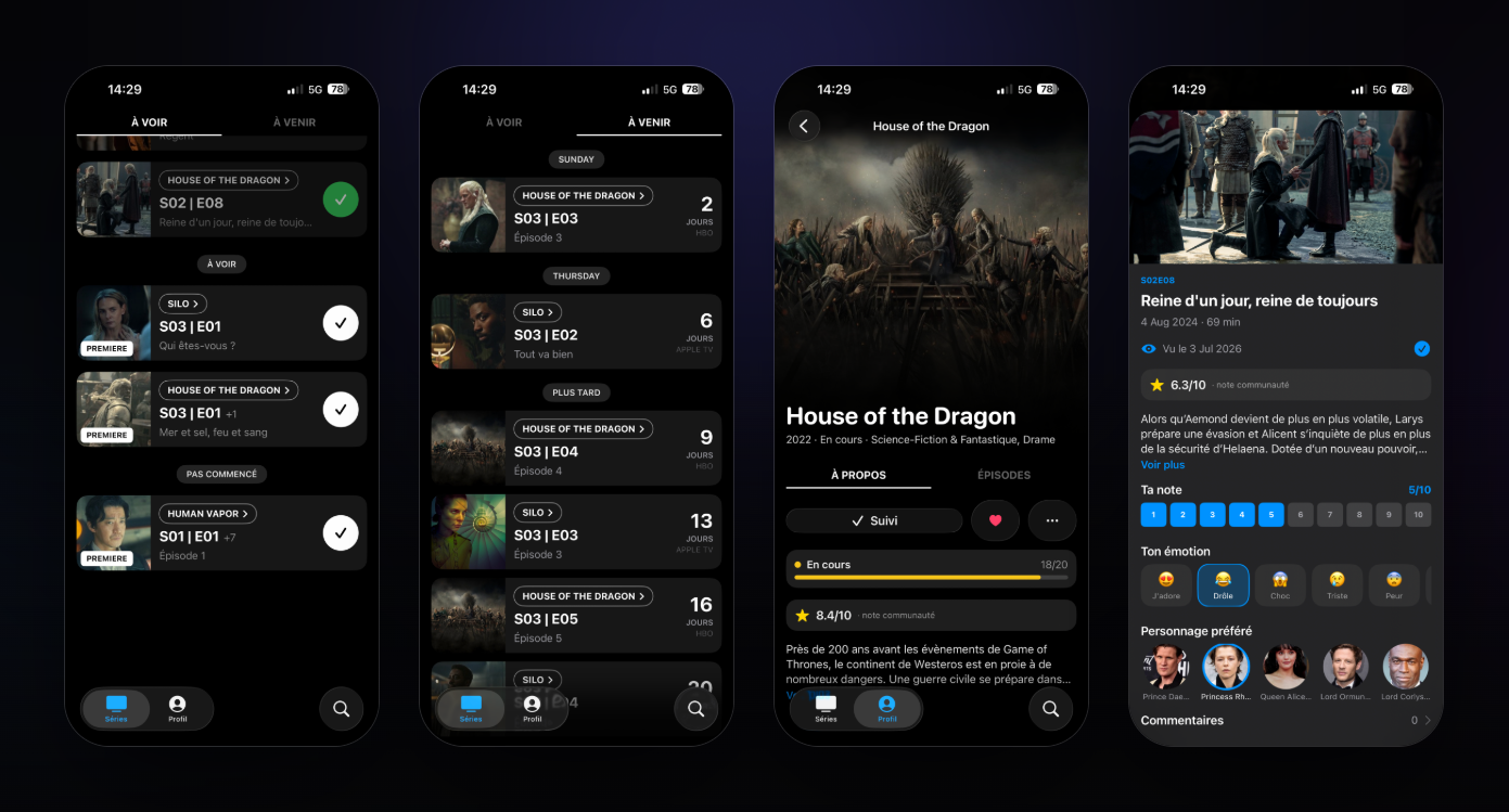 Interface de l'application Suite TV - Alternative à TV Time