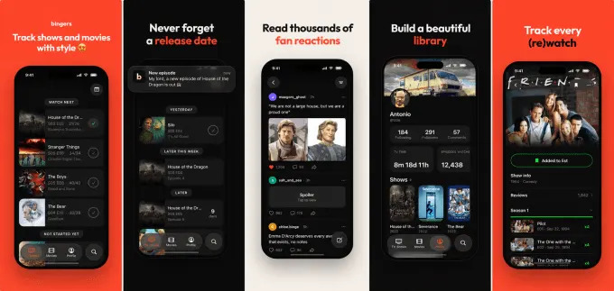 Interface de l'application Bingers - Alternative à TV Time